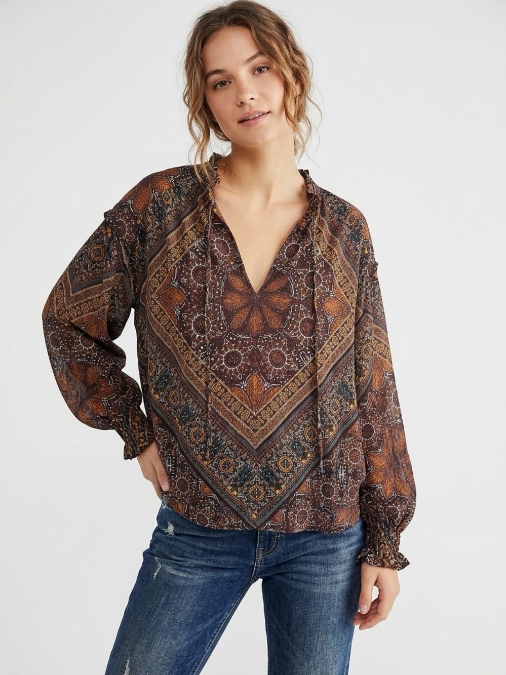 Free People Brown & Rust Paisley V-Neck Women's Small Long-Sleeve Blouse
